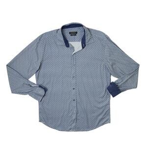 Bugatchi Shirt Mens L Copen White Shaped Fit Fish Scales Flip Cuff Long Sleeve